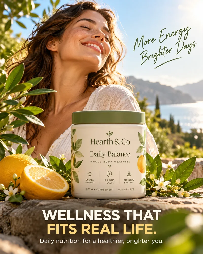 Hearth & Co ad: smiling woman beside a jar of Daily Balance supplement, headline Wellness that fits real life.