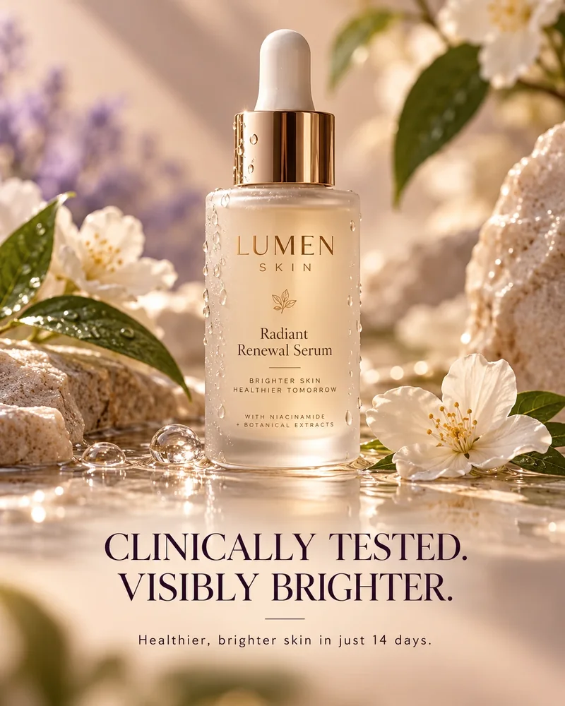 Lumen Skin ad: Radiant Renewal Serum bottle among white flowers, headline Clinically tested. Visibly brighter.