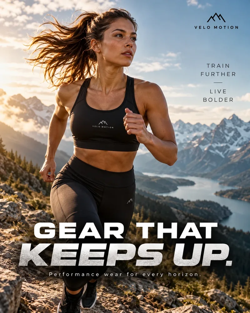 Velo Motion ad: runner in black performance wear on a mountain trail, headline Gear that keeps up.